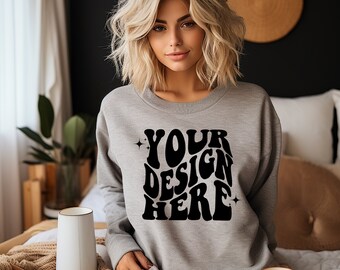 Gildan Sport Grey 18000 Mockup | Gray Gildan Sweater Mock up | Oversized Sweatshirt Model Mockup | G180 Mockup | Cozy 18000 Boho Aesthetic