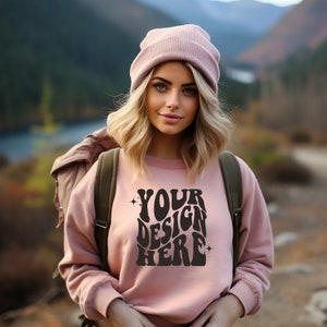 Gildan Light Pink 18000 Mockup | Gildan Sweater Mock up | Oversized Sweatshirt Model Mockup | Gildan G180 Mockup | Hiking Outdoor Mockup