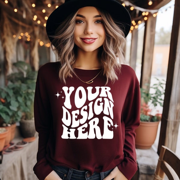 Gildan Maroon 18000 Mockup | Gildan Sweater Mock up | Oversized Sweatshirt Model Mockup | Gildan G180 Mockup | Halloween Fall Maroon