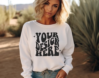 Gildan White 18000 Mockup | Gildan Sweater Mock up | Sweatshirt Model Mockup | Gildan G180 Mockup | White Boho Vibes Western Desert 18000