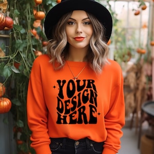 Gildan Orange 18000 Mockup | Gildan Pullover Mock up | Oversized Sweatshirt Modell Mockup | Gildan G180 Mockup | Halloween Herbst Orange 18000