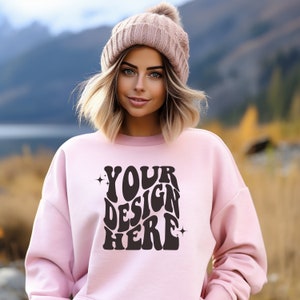 Gildan Light Pink 18000 Mockup | Gildan Sweater Mock up | Oversized Sweatshirt Model Mockup | Gildan G180 Mockup | Hiking Outdoor Mockup