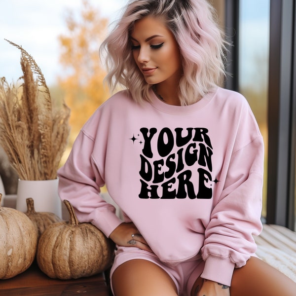 Gildan Light Pink 18000 Mockup | Gildan Sweater Mock up | Sweatshirt Model Mockup | Gildan G180 Mockup | Halloween Fall Thanksgiving