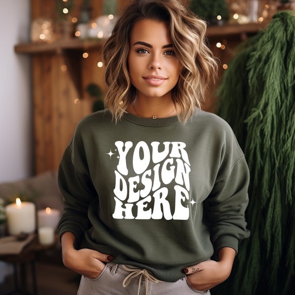 Gildan Military Green 18000 Mockup | Gildan Sweater Mock up | Oversized Sweatshirt Model Mockup | Gildan G180 Mockup | Christmas Xmas Winter