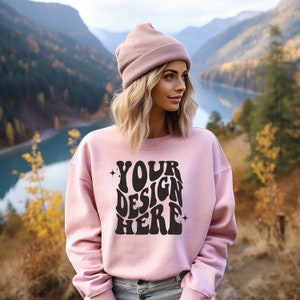 Gildan Light Pink 18000 Mockup | Gildan Sweater Mock up | Oversized Sweatshirt Model Mockup | Gildan G180 Mockup | Hiking Outdoor Mockup