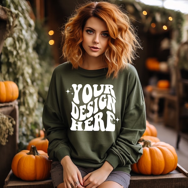 Gildan Military Green 18000 Mockup | Gildan Sweater Mock up | Oversized Sweatshirt Model Mockup | Gildan G180 Mockup | Halloween Fall