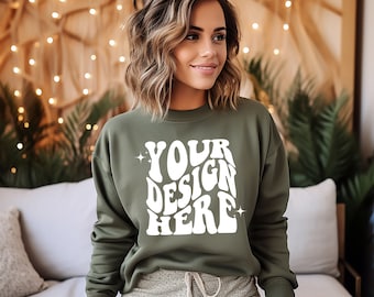 Gildan Military Green 18000 Mockup | Gildan Sweater Mock up | Oversized Sweatshirt Model Mockup | Gildan G180 Mockup | Christmas Xmas Winter