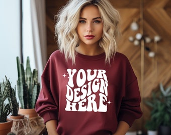 Gildan Maroon 18000 Mockup | Gildan Sweater Mock up | Oversized Sweatshirt Model Mockup | Gildan G180 Mockup | Boho Western