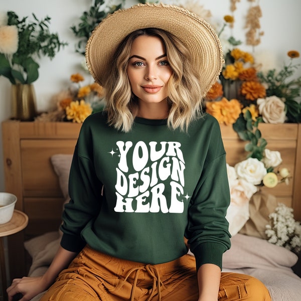 Gildan Forest Green 18000 Mockup | Green Gildan Sweater Mock up | Oversized Sweatshirt Model Mockup | G180 Mockup | Cozy 18000 Boho