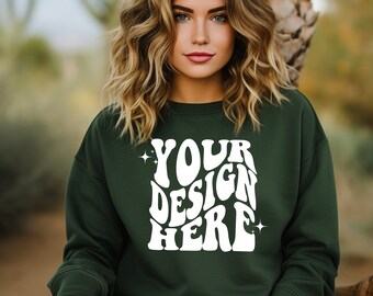 Gildan Forest Green 18000 Mockup | Gildan Sweater Mock up | Oversized Sweatshirt Model Mockup | Gildan G180 Mockup | Boho Desert Western