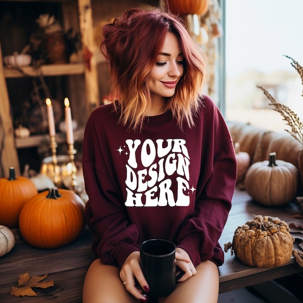 Gildan Maroon 18000 Mockup | Gildan Sweater Mock up | Oversized Sweatshirt Model Mockup | Gildan G180 Mockup | Halloween Fall Maroon