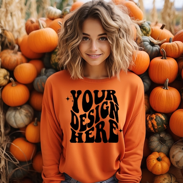 Gildan Orange 18000 Mockup | Gildan Sweater Mock up | Oversized Sweatshirt Model Mockup | Gildan G180 Mockup | Halloween Fall Orange 18000