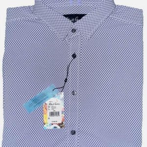Puede incluir: Camisa a cuadros azules y blancos con un patr&oacute;n repetitivo. La camisa tiene cuello abotonado y mangas largas. Una etiqueta est&aacute; adjunta. La marca "Robert Graham" es visible en la etiqueta y la camisa.