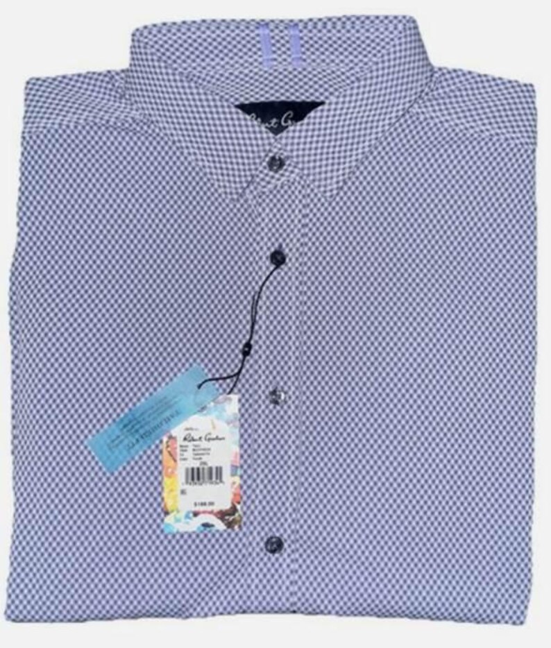 Puede incluir: Camisa a cuadros azules y blancos con un patr&oacute;n repetitivo. La camisa tiene cuello abotonado y mangas largas. Una etiqueta est&aacute; adjunta. La marca "Robert Graham" es visible en la etiqueta y la camisa.