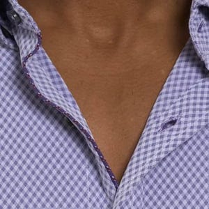 Puede incluir: Primer plano de una camisa de cuadros vichy de color p&uacute;rpura claro, con un ribete p&uacute;rpura oscuro en el cuello y la tapeta de botones. El bot&oacute;n superior est&aacute; abrochado. El cuello est&aacute; abierto, revelando el escote y el patr&oacute;n de la tela.