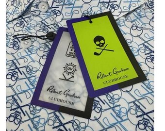 Robert Graham Polo de manga curta azul e branco com caveira Geo, tamanho M, novo com etiqueta