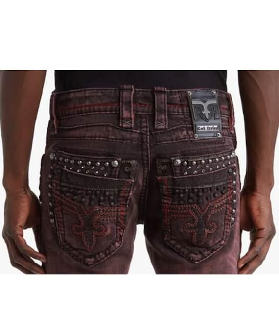 SKYLRK リジットデニム ROCK REVIVAL Burgundy Skylark Biker Flex Stretch Size 40 Brand NEW