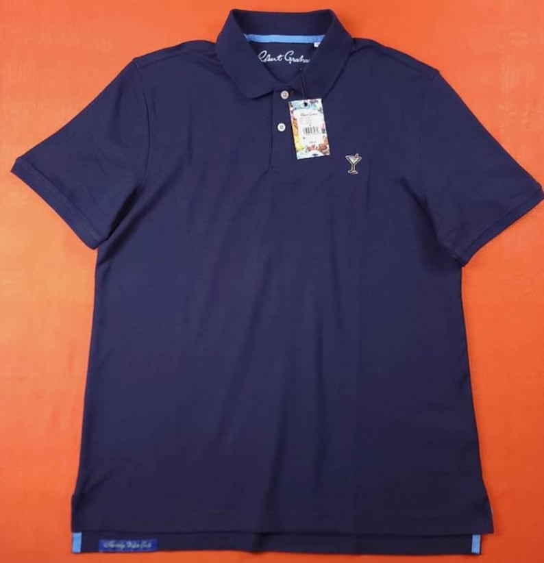 Polo Robert Graham azul marino bordado con forma de copa de cóctel, talla XL, completamente nuevo con etiquetas. imagen 1