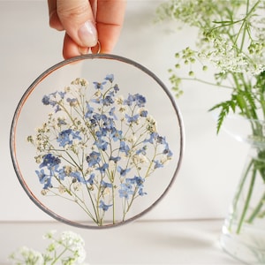 Forget-me-not gift Pressed gypsophila White baby's breath Blue white bouquet Small round metal frame Circle wall decor Floating floral art