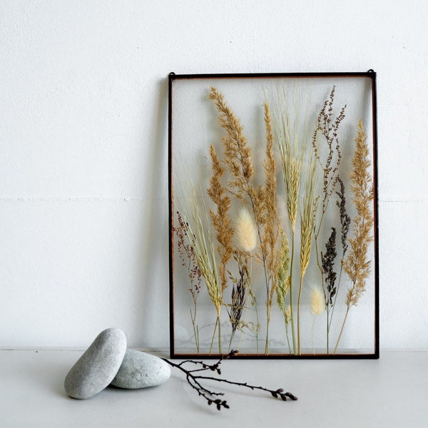 Pressed botanicals Wheat decor Meadow grasses mixed A4 Float botanical art Herbarium Double sided glass frame Rustic wall hanging Eco style