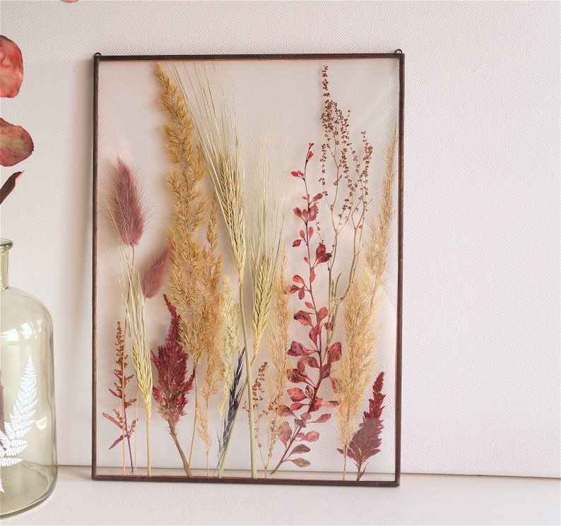 Wheat decor Pressed botanicals frame Red Barberry Float botanical art A4 Red tree branch Double sided glass frame Plant lover gift Eco style image 1