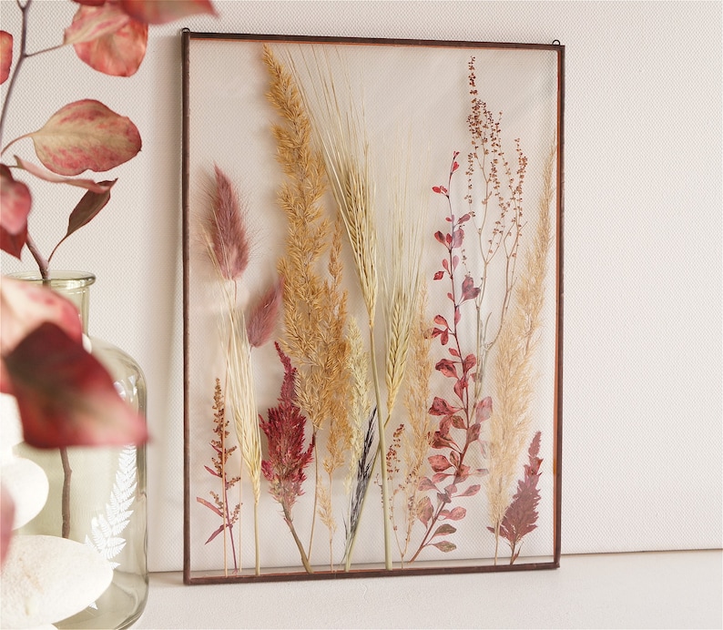 Wheat decor Pressed botanicals frame Red Barberry Float botanical art A4 Red tree branch Double sided glass frame Plant lover gift Eco style image 6