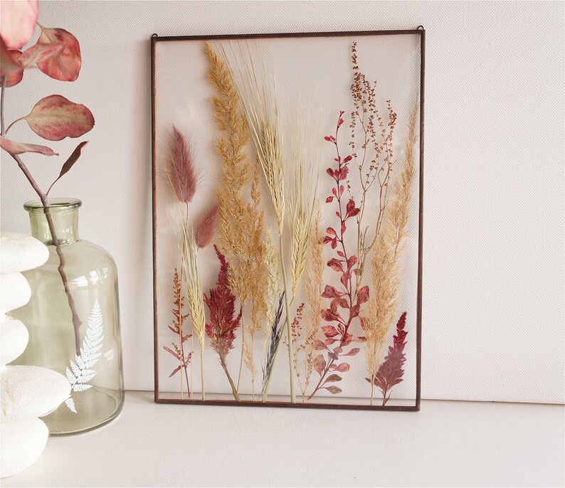 Wheat decor Pressed botanicals frame Red Barberry Float botanical art A4 Red tree branch Double sided glass frame Plant lover gift Eco style image 5