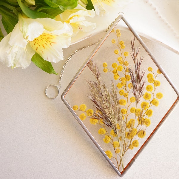 Pressed flower frame Yellow floral wall hanging Real mimosa gift Geometric stained glass frame Floating floral art Mom from daughter Rhombus