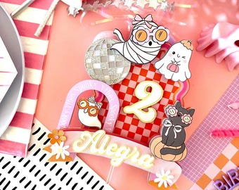 Retro Halloween Ghost Cake Topper: Pink & Orange Groovy Decor