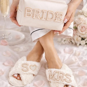 Custom Bride Gift Set: Rhinestone Cosmetic Bag & Pearl Slippers