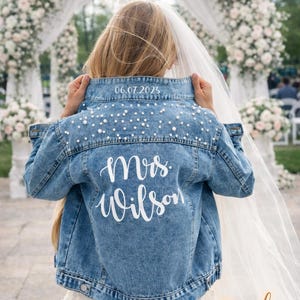 Mrs. Wedding Jacket: Custom Pearl Bridal Denim Jacket, Made to order