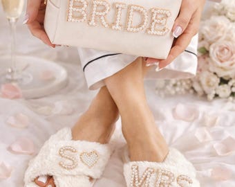 Custom Bride Gift Set: Rhinestone Cosmetic Bag & Pearl Slippers