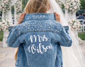 Mrs. Wedding Jacket: Custom Pearl Bridal Denim Jacket, Made to order
