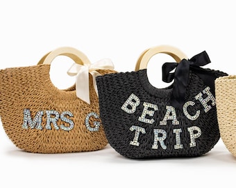 Personalized Straw Beach Bag: Rhinestone Letter Patches, Bridal Gift