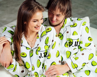 Custom Avocado Pajama Set, Matching Pajamas For Couple, Avocado Print PJ, Button Down Pajamas Men Women, Mr and Mrs Matching Outfit