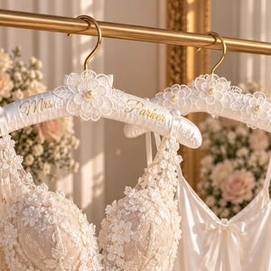 Luxury Satin Bridal Hanger, Pearl Lace Flower Wedding Dress Hanger, Handmade Ivory Hanger for Bride