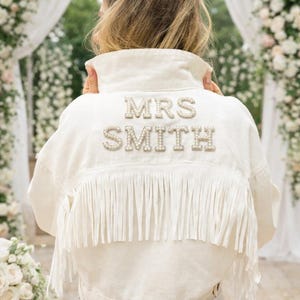 Mrs Bridal White Cowboy Jacket with Fringes - Customized Bride Gift, Made to order