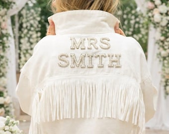 Mrs Bridal White Cowboy Jacket with Fringes - Customized Bride Gift, Made to order