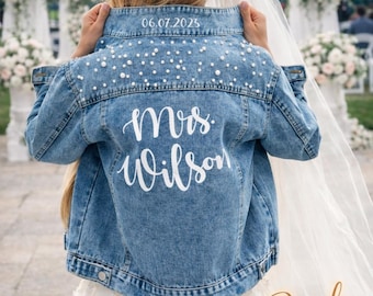 Custom Wedding jacket, Bride Jacket, Wifey jacket, Custom Pearl Denim Jacket, Future Mrs Jacket, Custom Bridal Denim Jacket with- Autumn