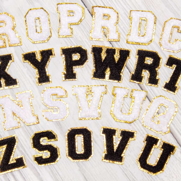 Gold outline fluffy letters, Small fluffy letter patches, Glue on letters, Colorful letter patches, sew on letters, Chenille letters glue on