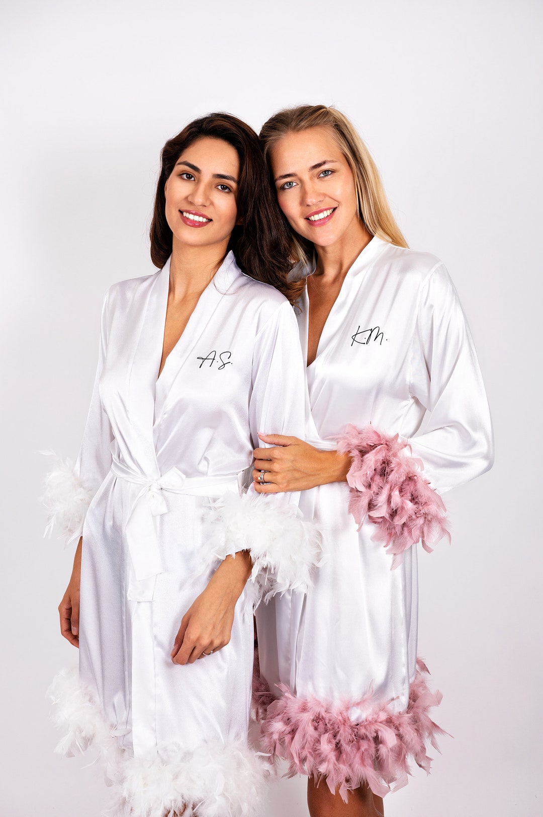Bride Satin Robe With Feathers, Bridesmaids Silk Robes With Feathers