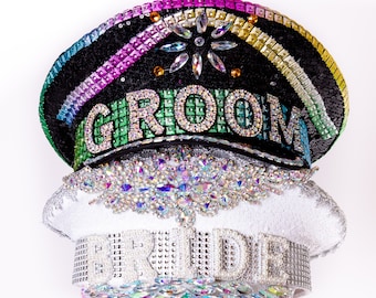 Rhinestone Bride and Groom Captain Hats: Festival Wedding Headwear