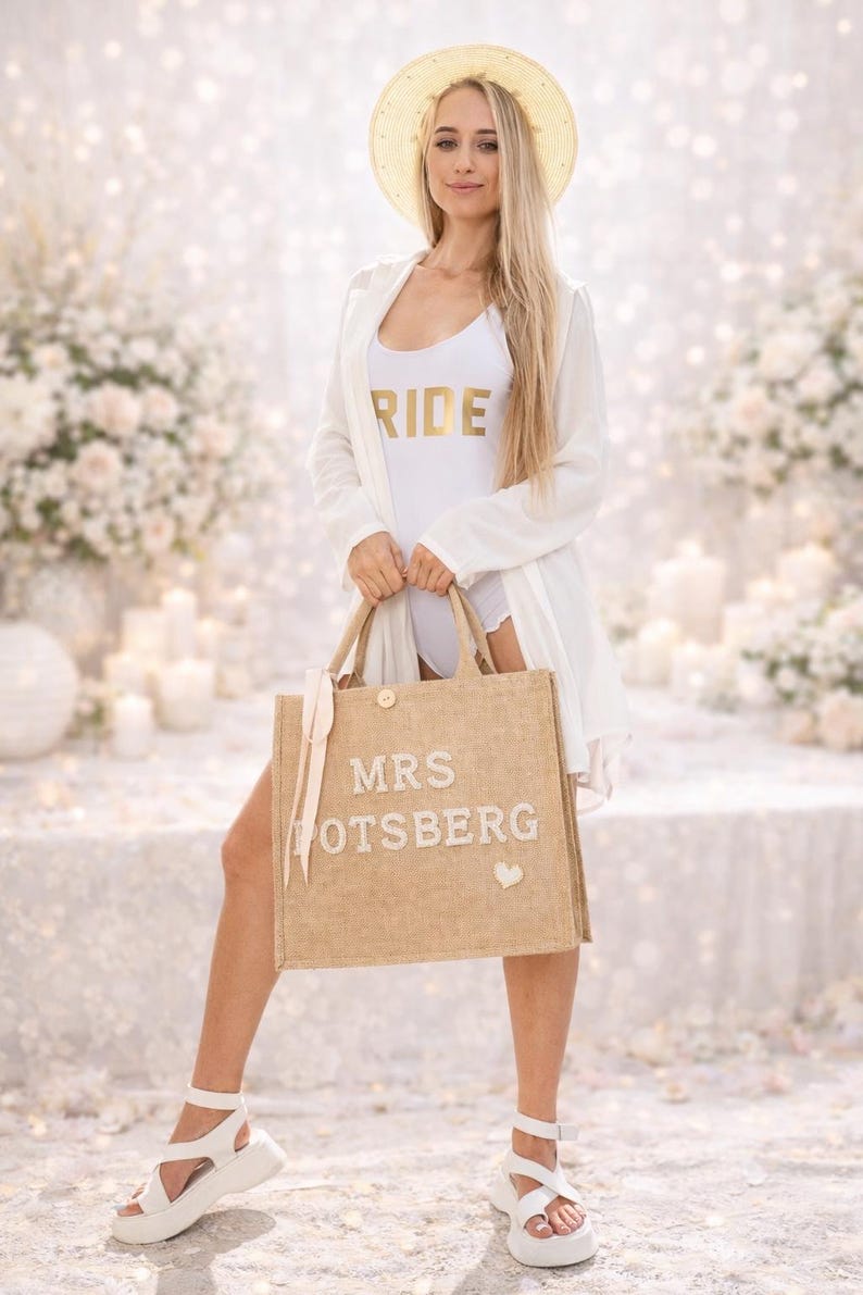 Custom Mrs Bride Tote Bag: Pearl Bachelorette Gift, Personalized Beach Bag image 6