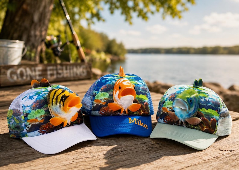 Custom Fish Caps, Men's Fish Trucker hat, Men's Trucker hat shark, Men's shark baseball caps, Men's fishing caps, Gift for him, Fishing Gift image 12