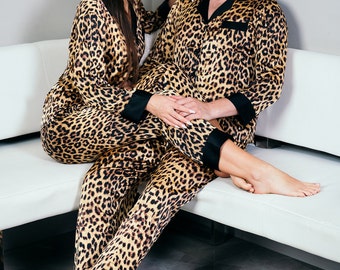 Matching Leopard Satin Pajama Set: Custom Couple's Loungewear