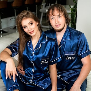 Customized Satin Pajamas for Couple, Personalized Pjs, Groom and Bride Pjs , Mr and Mrs Pajamas, Honeymoon gift, Anniversary gift, SL image 7
