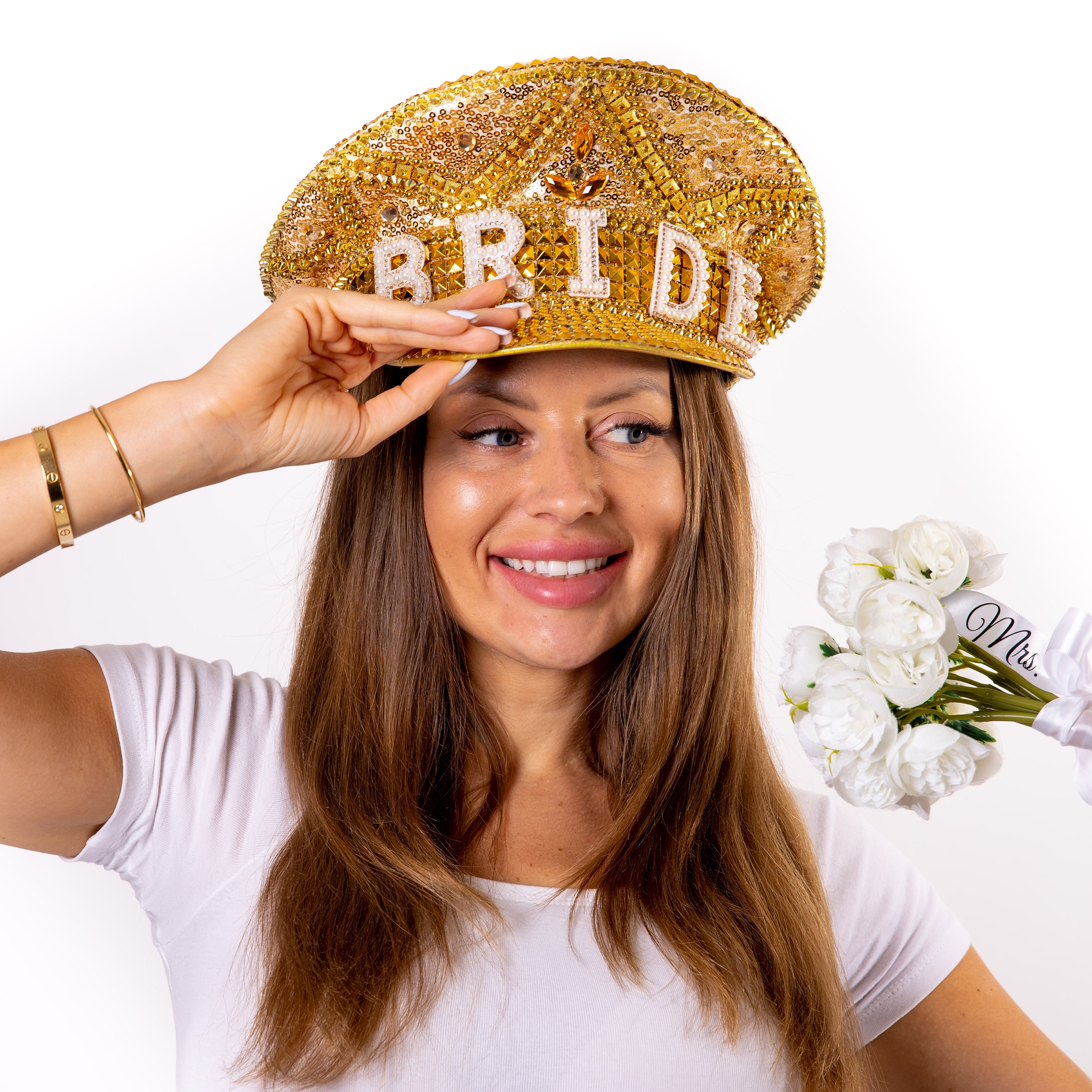 Sequin Captain’s Hat with Gold Embroidery/ White IRIDESCENT/ GOLD SEQUIN White Burning Man Gold Anchor Captain Hat Adult Yacht Sailor  main image 2