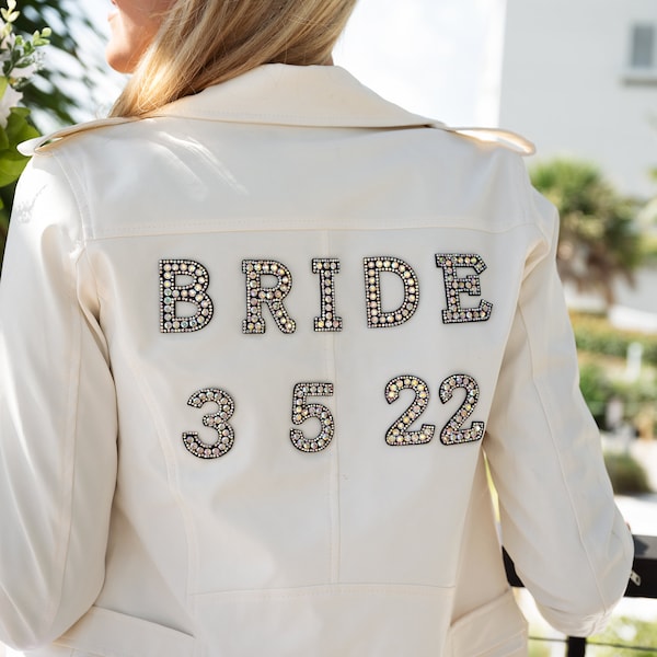 Bride Faux Leather Jacket, Custom Wedding Jacket, Personalized Bridal Jacket, Bridal Leather Jacket, White Custom Jacket-rhinestone letters
