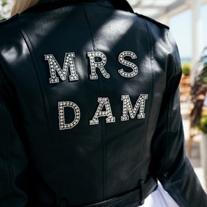 Custom Bridal Faux Leather Jacket, Mrs Jacket, Wedding Jacket Bride, Personalized Women Jacket, Wedding gift, Bridal Shower-rhinestone let.