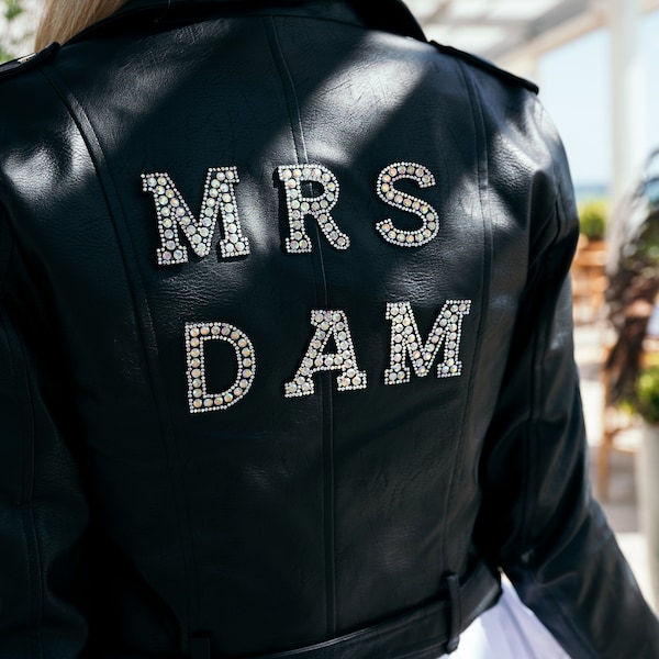 Custom Bridal Faux Leather Jacket, Mrs Jacket, Wedding Jacket Bride, Personalized Women Jacket, Wedding gift, Bridal Shower-rhinestone let.